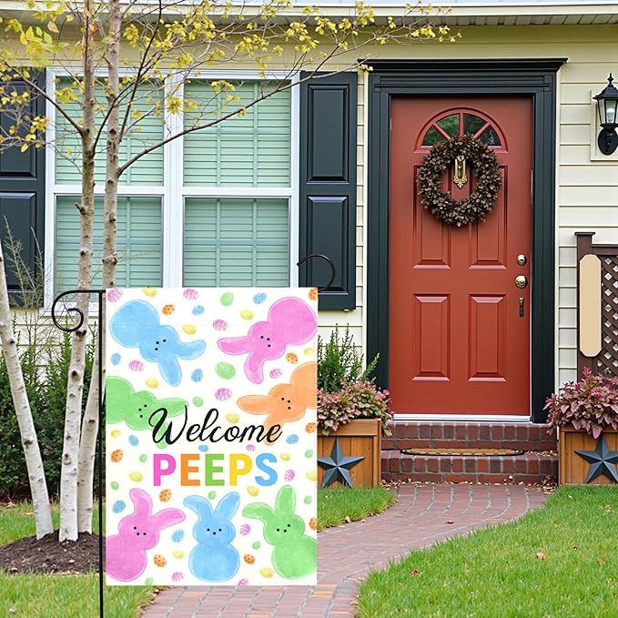 Welcome Peeps Easter Garden Flag for Outdoor Spring Cute Bunny Egg Pattern Double Sided Yard Banner Holiday Welcome Rabbit Flags Waterproof Seasonal Home Hare Decor for Porch Lawn 12x18 Inch