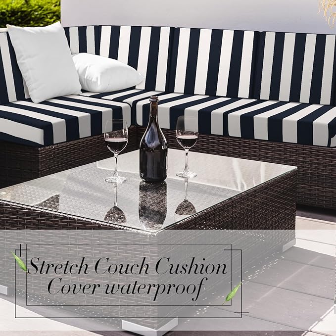 Newwiee 8pcs Patio Stretch Cushion Covers Stripe Outdoor Cushion Covers Replacement Patio Furniture Couch Slipcover Sofa Chair Seat, Thin Fabric Breathable Soft Flexibility Protector(Navy Blue)