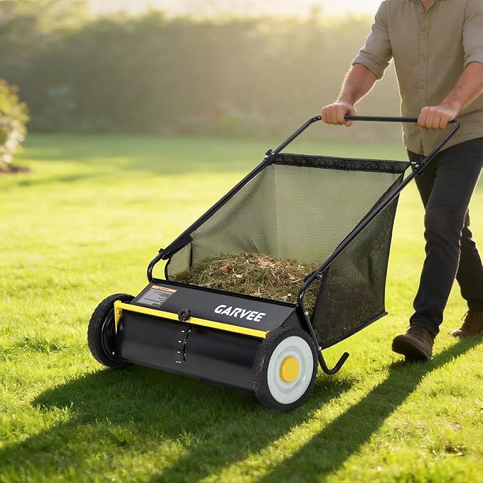 Efficient 21-Inch Push Lawn Sweeper – Thickened Steel Frame, 4 Spinning Brushes, Strong Rubber Wheels, Large 3.5 Cu.Ft Pusher, Manual Leaf & Grass Collector – Black with Yellow Hubcaps and Crossbar