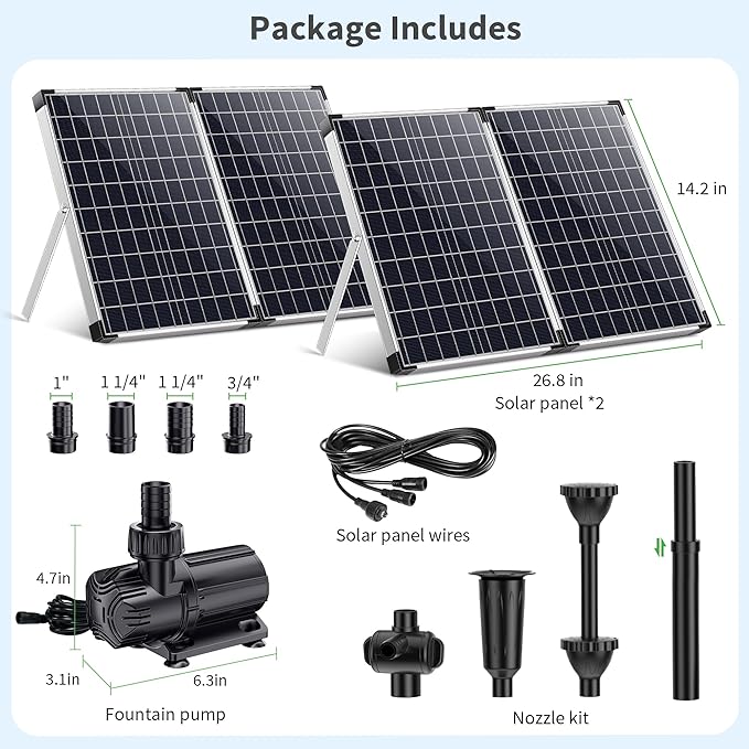 POPOSOAP 100W Solar Water Fountain Pump, 1200GPH Adjustable Flow & Dry-Run Protection Pond Pump, Dual Solar Panels, 3 Spray Nozzles, Solar Fountain Pump Kit for Outdoor Ponds, Water Garden P1100