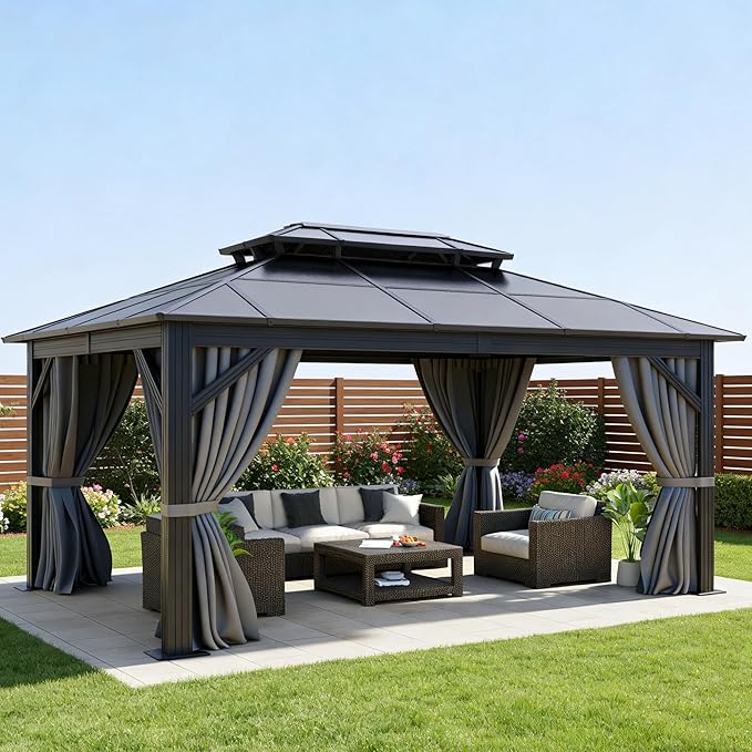 DWVO 10x12ft Gazebo Hardtop Double Roof Polycarbonate Canopy Outdoor with Netting and Shaded Curtains, Aluminum Frame Garden Tent for Patio, Backyard, Deck and Lawns, Gray