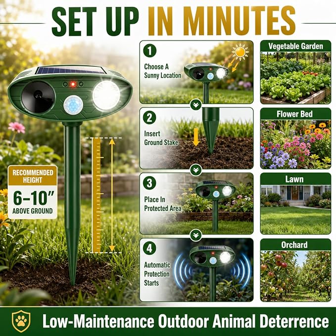 4 Pack Upgraded Sonic Deer Repellent Devices,Solar Ultrasonic Animal Repeller Outdoor for Racoons,Squirrels,Cats,Rabbits,Skunks & Foxes,Waterproof Motion Sensor Animal Deterrent for Garden Yard