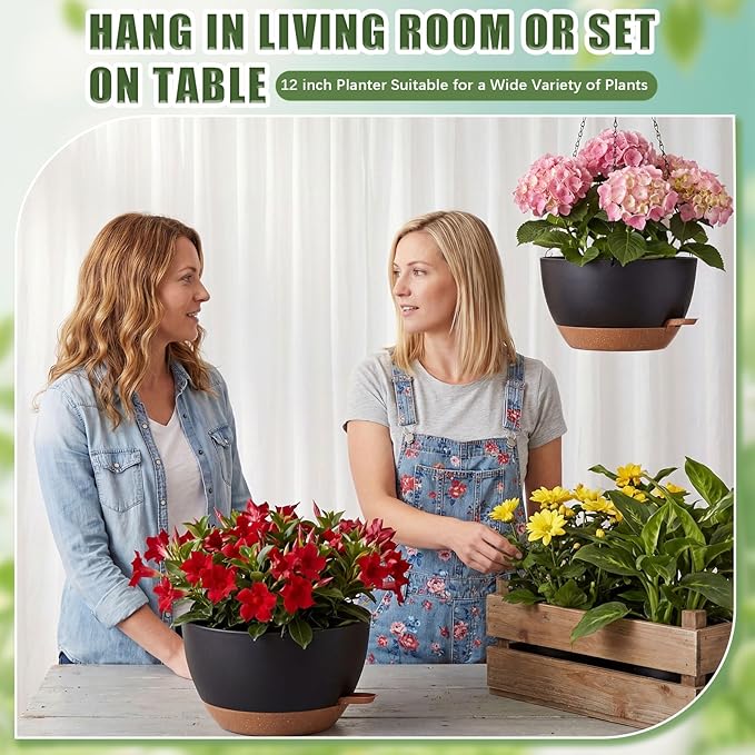 Sliner Set of 4-12 Inch Self Watering Hanging Planters Includes Hanging Pots and Outdoor Hanger Plant Pots with Drainage Holes 2 Types of Hanger Basket Hooks for Patio Garden(Black Brown)