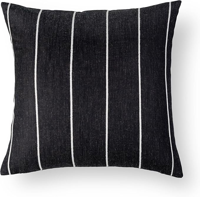 Crumbs Home Modern Farmhouse Fall Linen Indoor Outdoor Throw Pillow Cover Only, 22"x22" Water Repellent for Patio, Backyard, Couch, Black Neutral Vertical Stripes