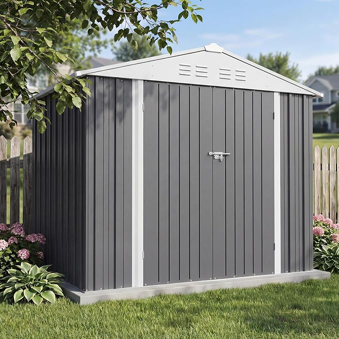 Greesum 8x6FT Outdoor Storage Shed with Base, Utility Tool Shed with Sloping Roof, Metal Storaged Garden Shed with Door & Lock for Patio Storage, Gray