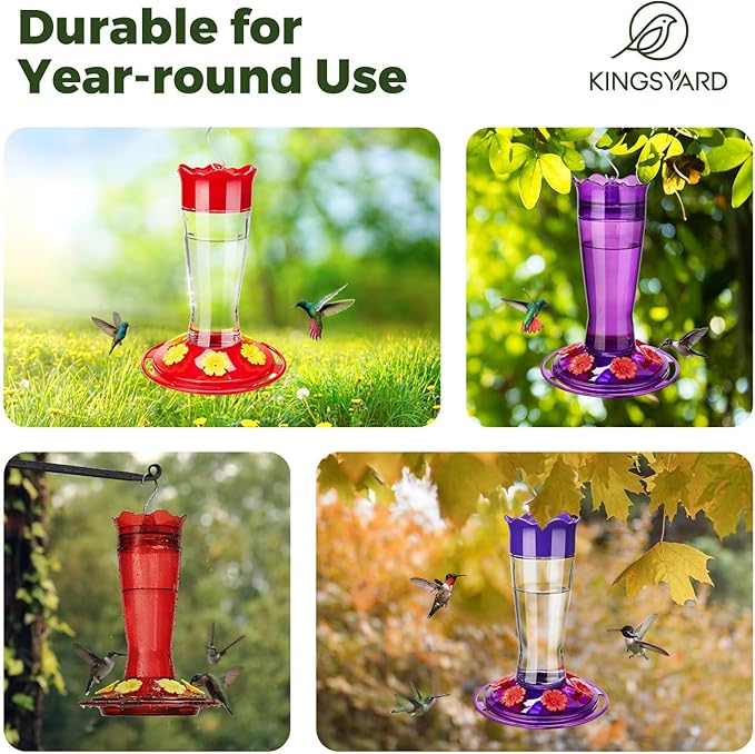 Kingsyard 2-Pack Glass Hummingbird Feeder for Outdoors Hanging, 14 oz Leak-Proof Humming Bird Feeders with Ant Moat & Bee Proof Feeding Ports, Hummingbird Gift for Bird Lovers (Red)