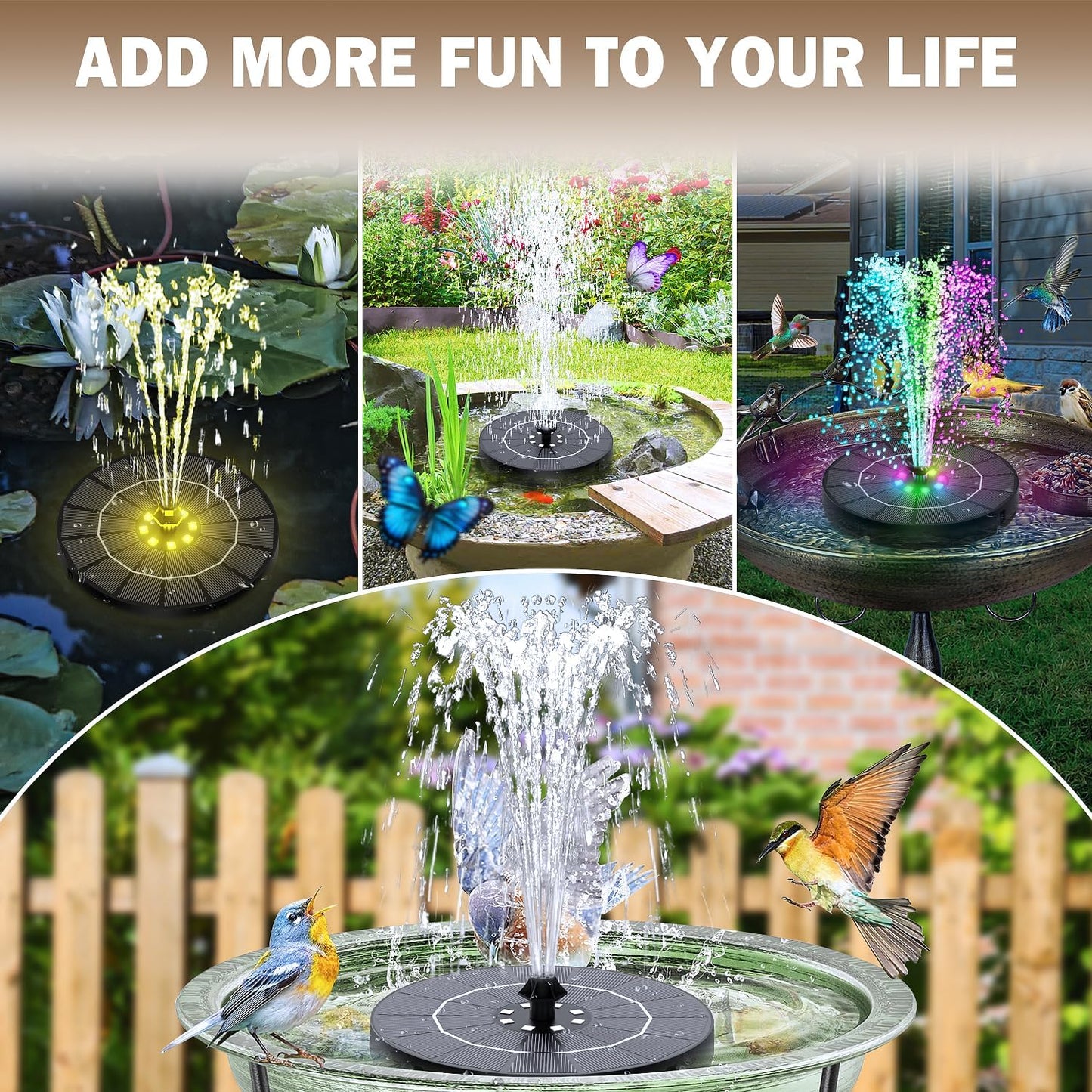 Solar Fountain with Colorful Lights,High Efficiency Solar Water Fountain with 2200mAh Battery 7 Nozzles and 4 Fixer,Solar Fountain for Bird Bath Garden Outdoor Décor