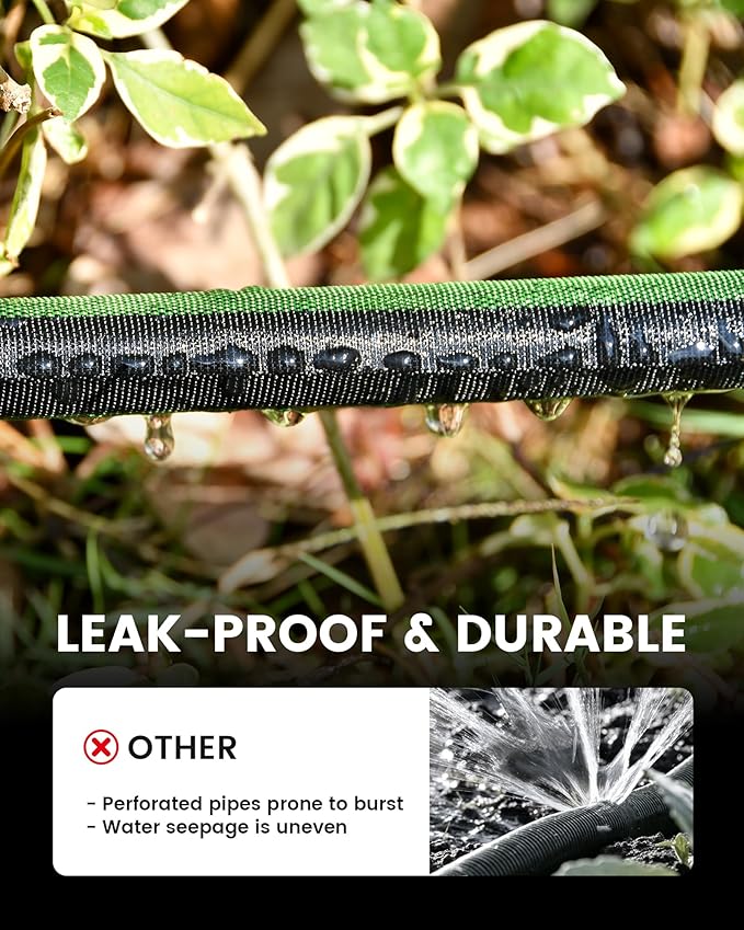 RAINPOINT Soaker Hose 25FT, 80% Water-Saving Flat Drip Hose, Leakproof and Flexible with Anodized Aluminum Ends, Double Layer Gardening Irrigation Hoses for Gardens, Vegetables and Trees, Green