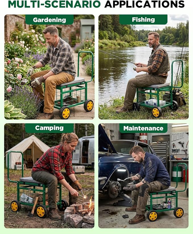 Saker Rolling Garden Cart with Seat & Wheels - 15.7'' EVA Padded Rolling Stool, 500 lb Steel Frame, Large Storage Basket - Garden Wagon Workseat for Patio Lawn Yard (Luxury Version)
