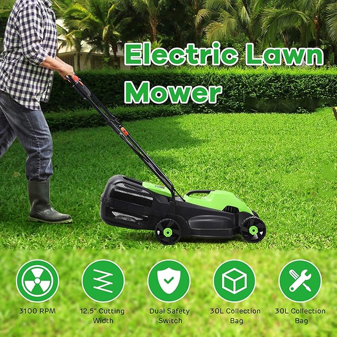 Happygrill Lawn Mower 13-Inch Electric Lawn Mower, Handle Push Corded Lawn Mowers with Grass Bag, Folding Handle, Adjustable Cutting Height for Garden Yard, 12 Amp,Green