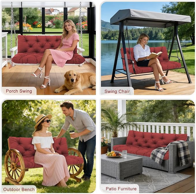 Porch Swing Cushions Outdoor 40 inch x 40 Waterproof Swing Cushions 3 Seater Replacement with Backrest & 8 Ties 5" Thick Bench Swing Cushions for Outdoor Furniture Patio(Wine red)
