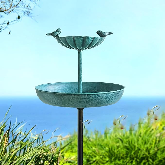 JOYBEE 38In Metal Double Bird Bathtub Stake for Outside, Vintage Freestanding Birdbaths, Bird Baths Feeder Bowl for Outdoors Garden Patio Yard Lawn Decor, Upgraded 5-Pronged Base (Blue)