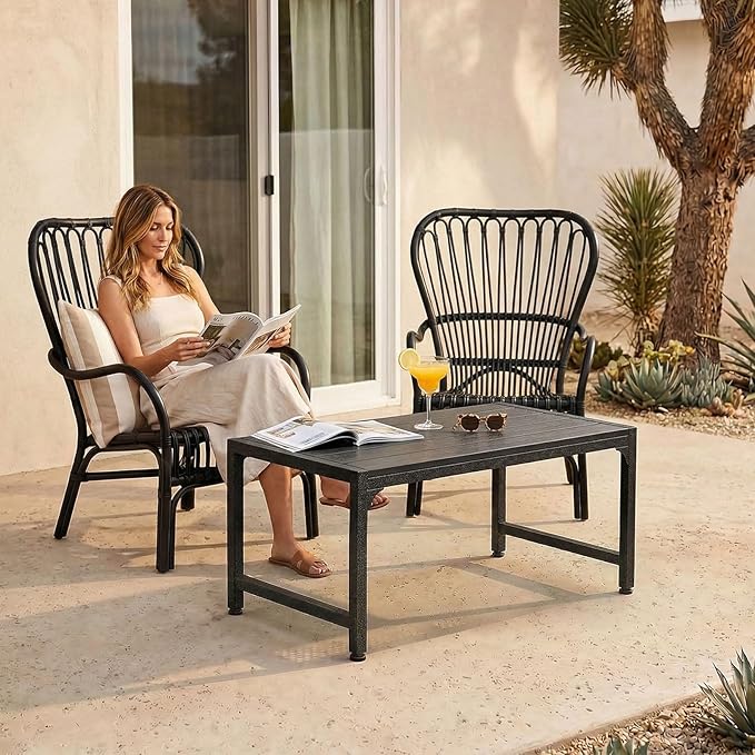 ODK Outdoor Coffee Table, Rectangle Weather-Resistant Patio Coffee Table for Garden, Balcony, Hot Tub, Poolside, Heavy-Duty Metal Frame, Black