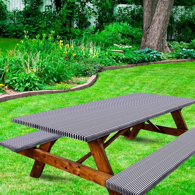 RNOONY 8ft Polyester Picnic Table Cover with Bench Covers Windproof & Waterproof Tablecloth, Perfect Camping Gifts, RV Essentials, Cool Camping Gadgets, Carrying Bag, 96x30 Inches 4Pcs Blue Stripes