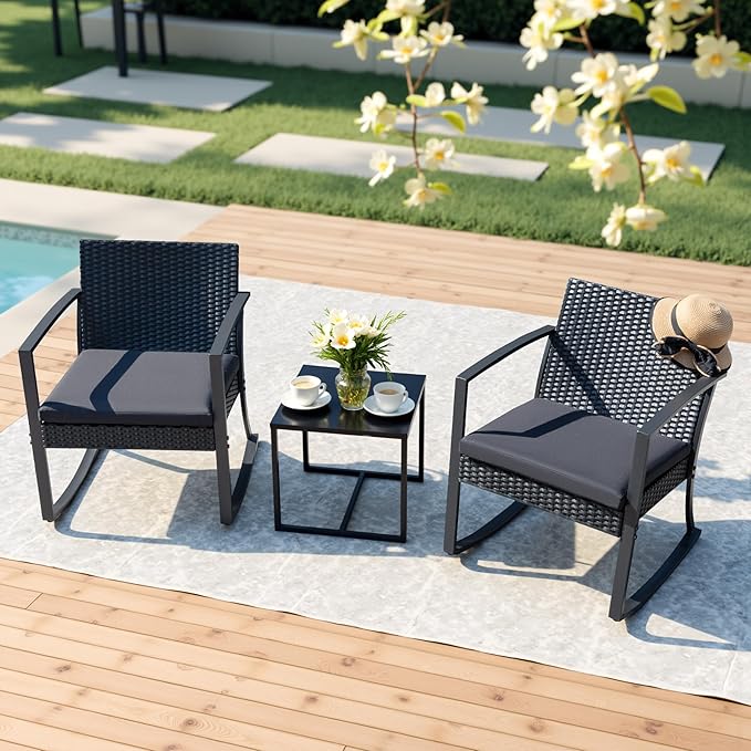 Devoko Resin Patio Furniture Set 3 Piece All Weather Outdoor Rocking Chairs with Cushions and Coffee Table for Bistro Balcony Porch (Black)