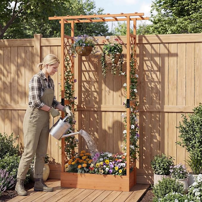 HAPPYGRILL 89" Raised Garden Bed with Trellis & Hanging Roof, Wooden Planter Box with 4 Drainage Holes, Outdoor Wood Elevated Garden Bed for Climbing Plants Vines Vegetables Flowers (Orange,1)