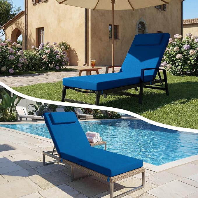 Outdoor Chaise Lounge Cushions, 72x21 Inch Olefin Water & Fade Resistant Pool Lounge Chair Cushions, Patio Sun Lounger Pad with Pillow & Straps for Patio, Pool, Deck, Lawn, Dark Blue