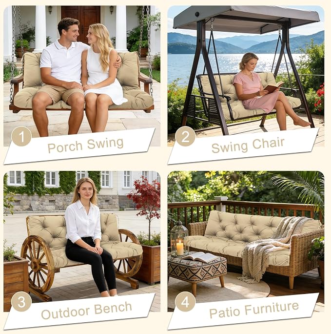 Porch Swing Cushions 48 inch Waterproof & Fade Resistant Thicken 5" Outdoor Swing Cushions 2 Seater Replacement with Backrest & Ties Patio Swing Cushions for Outdoor Furniture (Khaki)