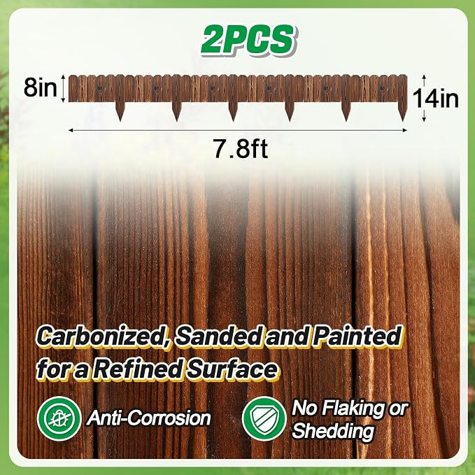 Rustic Pine Wood Landscape Edging - 15.6ft Total Length (2Pcs 7.8ft L x 8in H) Garden Fence Border, Easy to Install Sturdy Wooden Planter Fencing for Yard Flower Bed Lawns Pathway Tree