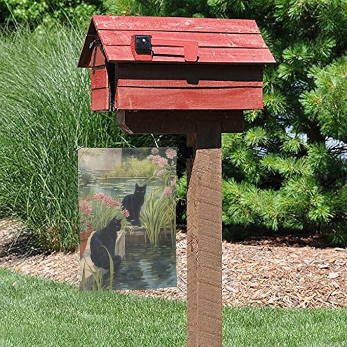 Delerain Black Cats Garden Flag, 12.5 x 18 Inch Double Sided Design Weather Resistant Indoor & Outdoor Decoration Small Banner for Home Yard Lawn Patio Office