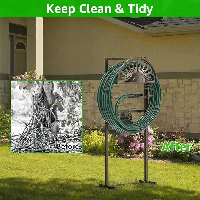 GOFORWILD Garden Hose Holder with Brass Faucet, Freestanding Water Hose Stand with Storage Basket, Detachable Heavy Duty Hose Reel Hanger Holds 150-Feet Hose for Outside Patio Yard Lawn