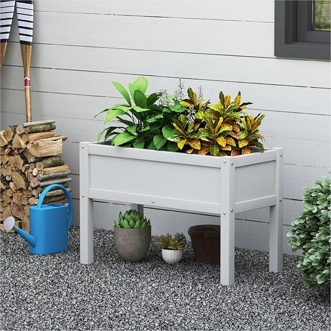 Small HDPE Raised Garden Bed, Elevated Planter Box with Legs, Outdoor All-Weather Planter Raised Beds for Seeds, Herbs, Flowers, Vegetables (White)