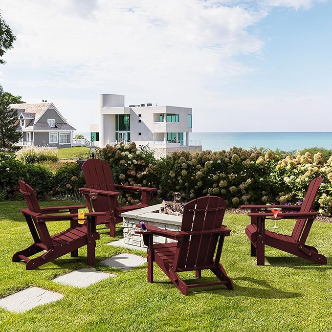 SERWALL Adirondack Chair with Cup Holders - Composite Adirondack Chairs Set of 6 HDPE Outdoor Chairs All Weather Use- Dark Red