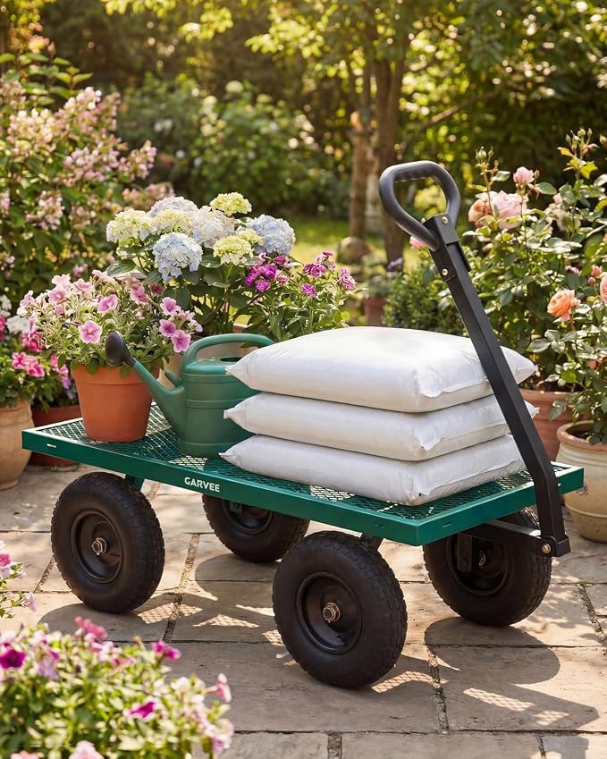 Garvee Versatile Outdoor Utility Cart-1200LBS Heavy-Duty, 13" All-Terrain Pneumatic Tires, Vehicle-Connectable, Easy Maneuverable Lawn Cart with Removable Mesh Panels for Gardening & Landscaping,Green