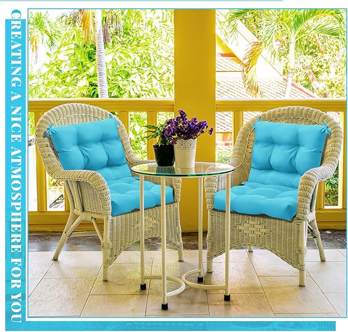 Marsui 4 Pcs Outdoor Indoor High Back Chair Cushions Patio Furniture Tufted Pillow with Ties Water-Resistant Replacement Outdoor Rocking Chair Cushions, 42 x 21 Inches (Lake Blue,Solid Color)