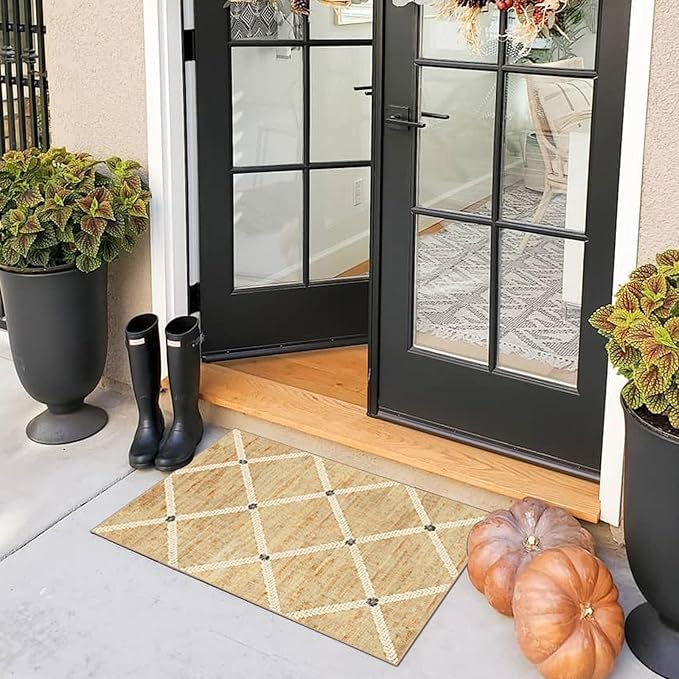 Front Door Mat Indoor - 2x3 Non-Slip Front Door Rug Washable Doormat Indoor Outdoor Entrance Woven-Look Beige Farmhouse Geometric Small Throw Rugs for Entryway Bedroom Kitchen Laundry Room