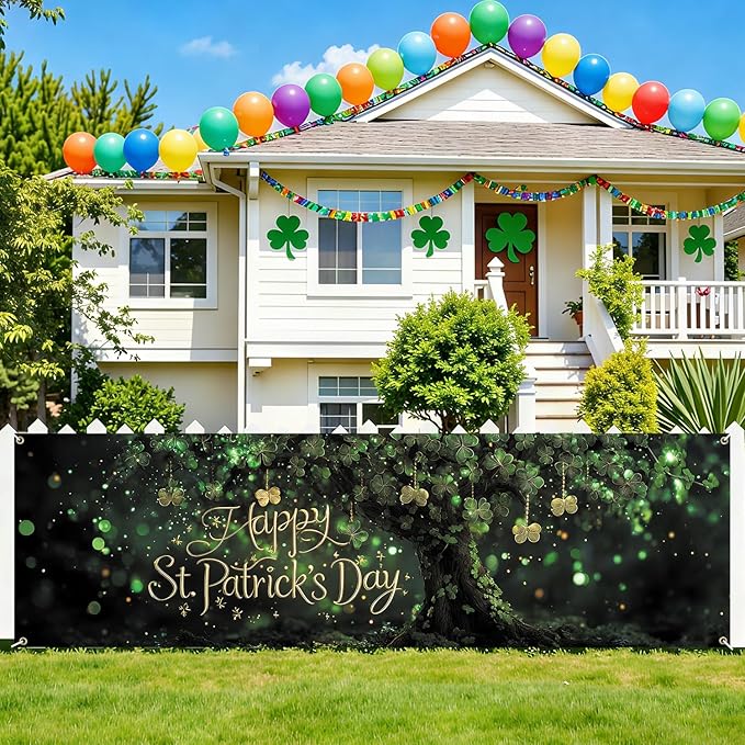 Happy St. Patrick’s Day Fence Banner 118 x 35 Inch, Large Waterproof Outdoor Irish Clover Tree Banner with Gold Script for Yard Porch Fence Party Decorations