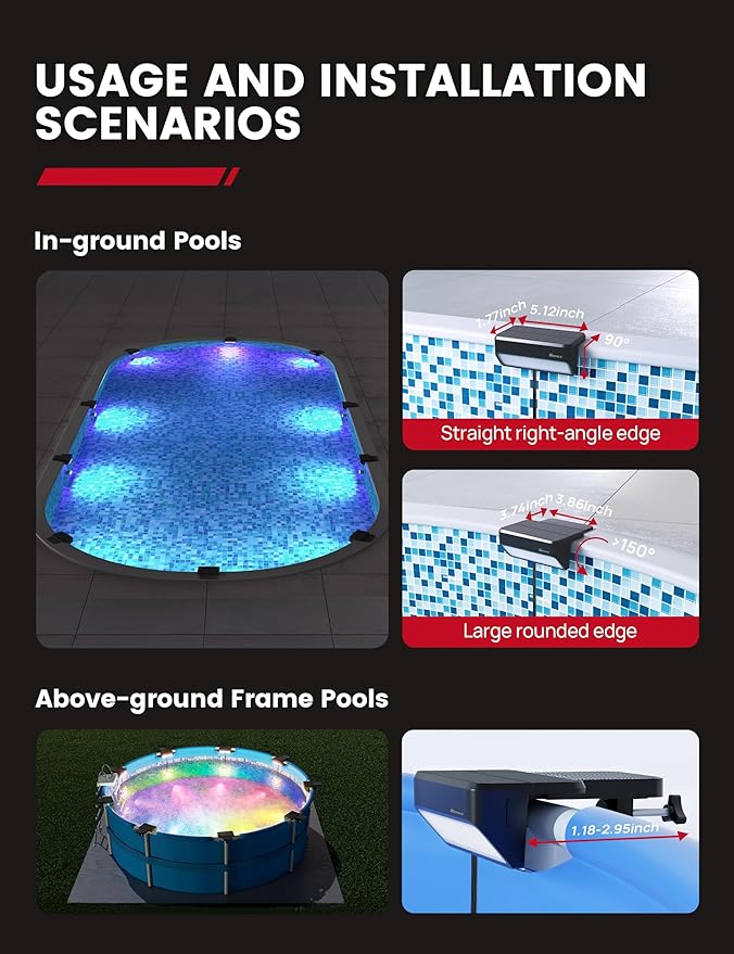 Enhulk Solar Pool Lights with RGBW APP Control,IP68 Waterproof Smart Solar Power Pool Lights for Above Ground Pool,Led Pool Lights for Inground Pool, Pond, Patio, Black 2 Pack