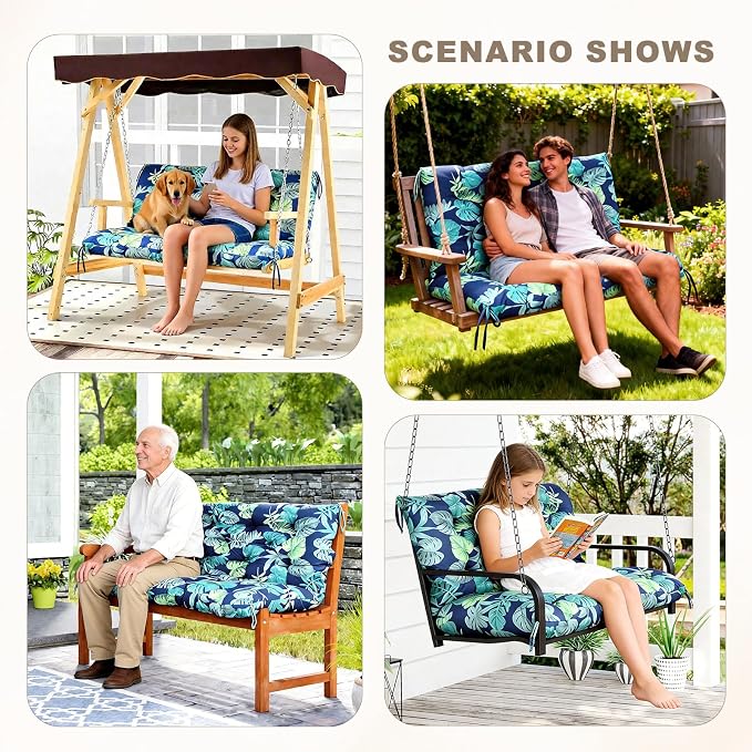 Porch Swing Cushion with Backrest,Waterproof Bench Cushion for Outdoor Furniture,2-3 Seater Replacement Thickened Swing Cushion with Ties,Patio,Outdoor,Backyard and Garden (Floral Navy,60x40")