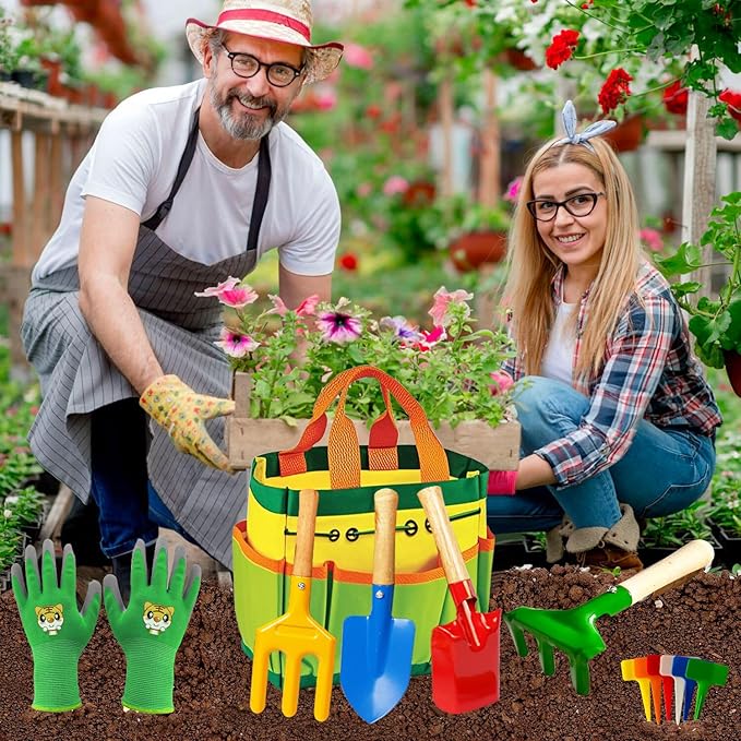Kids Gardening Tools, Toddler Gardening Set for Kids Includes Rake, Shovel, Trowel, Apron Gloves Watering Can and Tote Bag, Spray Bottle, Kids Garden Tools Best Outdoor Toys Gift for Boys and Girls