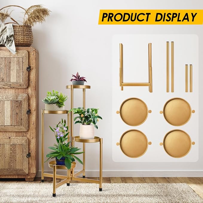 4 Tier Plant Stand Indoor Outdoor, 31 Inch Tall Metal Plant Shelf Waterproof, Plant Holder with Folding Design For Home, Living Room, New Upgrate Gold