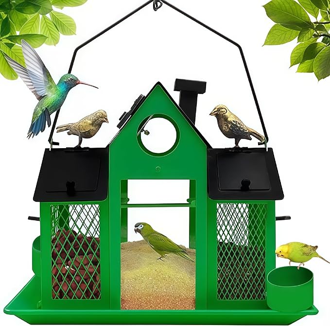 Solar Bird Feeders House for Outside Hanging, Metal Wild Bird Feeder for Outdoors Large Capacity Cardinal Birdfeeder Birdhouses Metal Bird Feeding Station Green