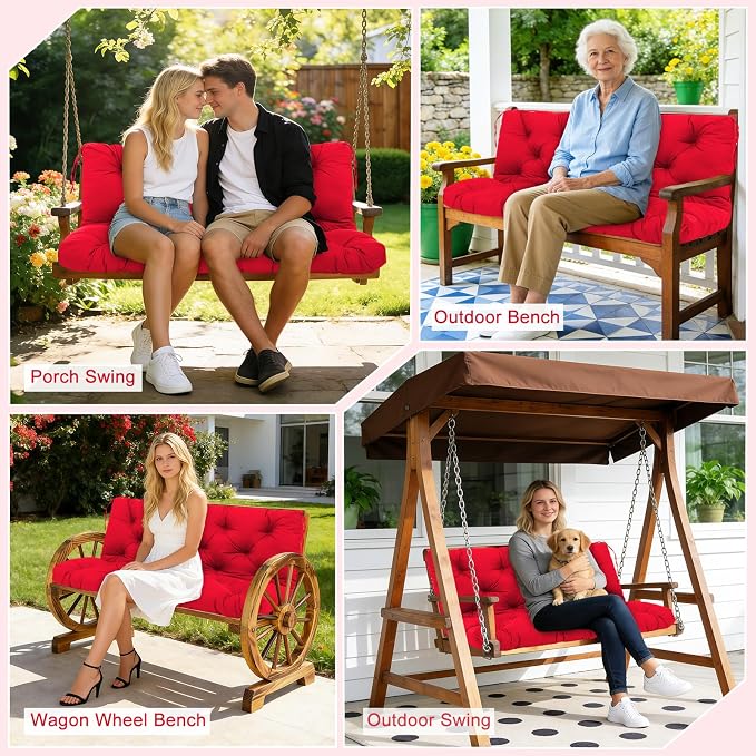 Porch Swing Cushions 2 Seater Replacement Thicken 5" Waterproof & Fade Resistant Swing Cushions for Outdoor Furniture Bench Patio Swing Cushion with Backrest & Ties(Rose Red 48x40x5inch)