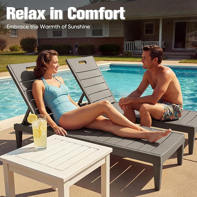 Devoko Outdoor Chaise Lounge Chair Set of 2 with 5-Position Adjustable Back, Waterproof & Lightweight PP Lounge Chairs for Outside Pool Patio (Light Brown)