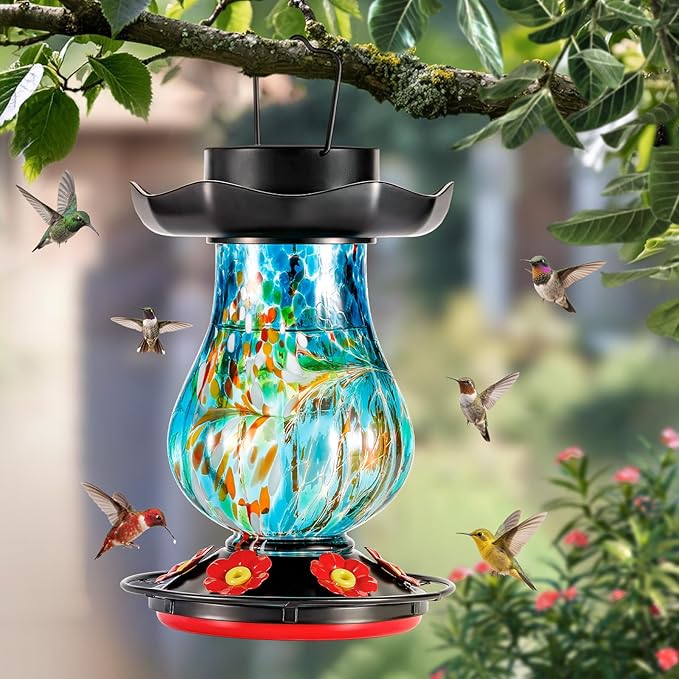 DesGully Solar Hummingbird Feeder for Outdoor - 25 fl.oz Hand Blown Glass Hummingbird Feeders for Outdoors Hanging, Large Capacity with Moat, 6 Colors Changing Light Outside Garden Decor (Blue)