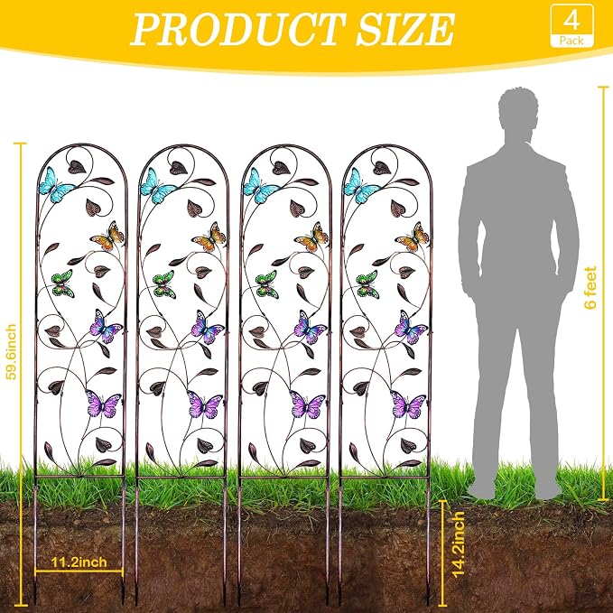 aboxoo Set of 4 Packs Butterfly Metal Garden Trellis for Climbing Plants,Outdoor Decorative Flowers Arch Fence Trellis for Outdoor Patio,Garden,Lawn,Yard,Backyard,Wall Brackets,60'' H x 11'' W