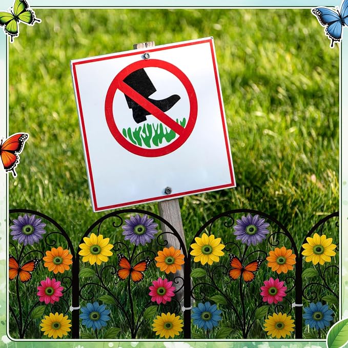 Yaocom Flower Decorative Garden Fence, 6 Pack 16.5''h x 11.8''w Metal Animal Barrier Border, Floral Butterfly Design Arched Garden Fence Panels for Spring Outdoor Yard Lawn Patio Flower Bed Decor
