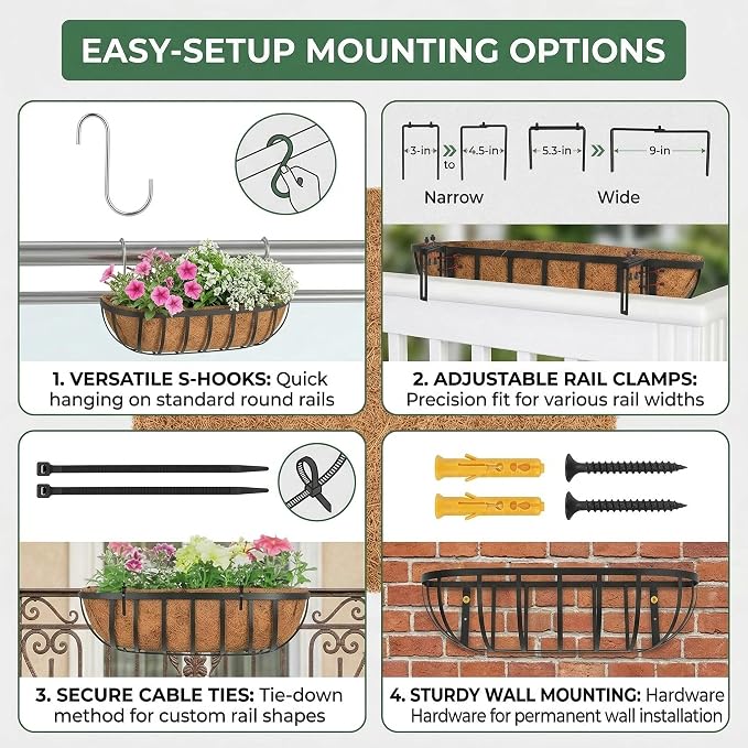 4 Pack 16" Railing Planter Window Box with Coco Fiber Liner Horse Trough Planter The Railing Planters Boxes for Deck Porch Fence Outdoor
