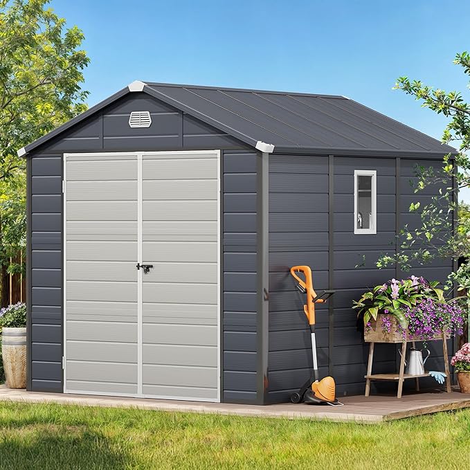 DWVO 8x9FT Outdoor Storage Shed w/o Floor, All-Weather Plastic Shed with Window, Lockable Doors & Vents, Plastic Tool Shed for Backyard Patio Lawn, Gray