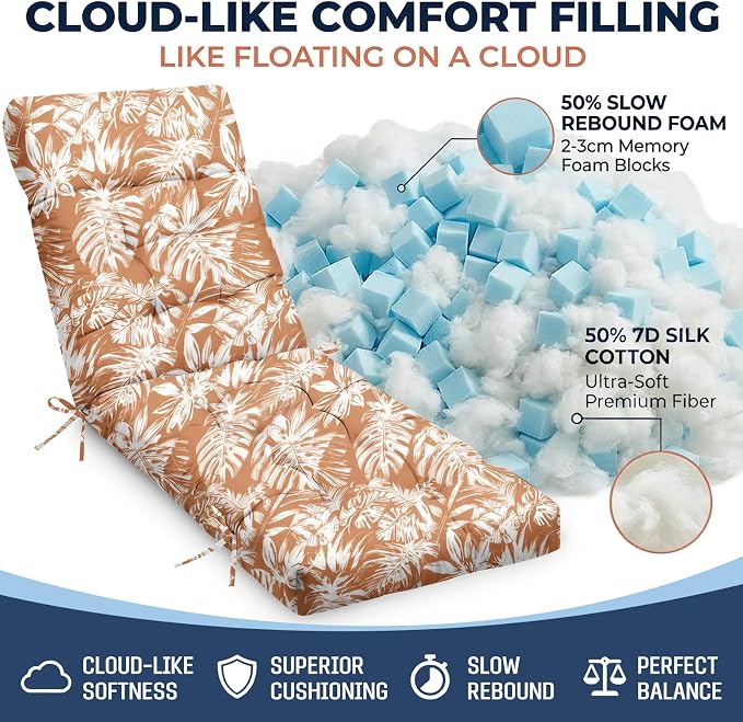 MAGIC ELEPHANT Chaise Lounge Cushion Outdoor, Memory Foam Patio Lounge Chair Cushion with Ties for Outdoor Furniture, 74 x 22 x 4 Inch (Rust Orange Monstera)