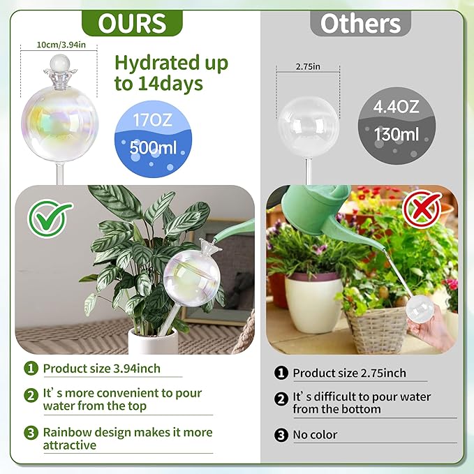 17 oz 2 Weeks Extra Large Plant Watering Globes, Iridescent Glass Self Watering Globes, Self Watering Planter Insert, Plant Watering Devices, Automatic Watering Bulbs for Daily Use (Large 4-Pack)