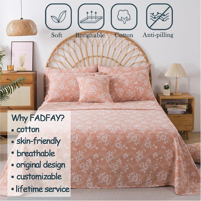 FADFAY Queen Sheets Set 100% Cotton Washed Double Gauze Muslin Bedding 4Pcs Vintage Coral Rose Floral Sheets Shabby Farmhouse Bedding Luxury Super Soft Breathable Deep Pocket Fitted Sheet, Queen Size