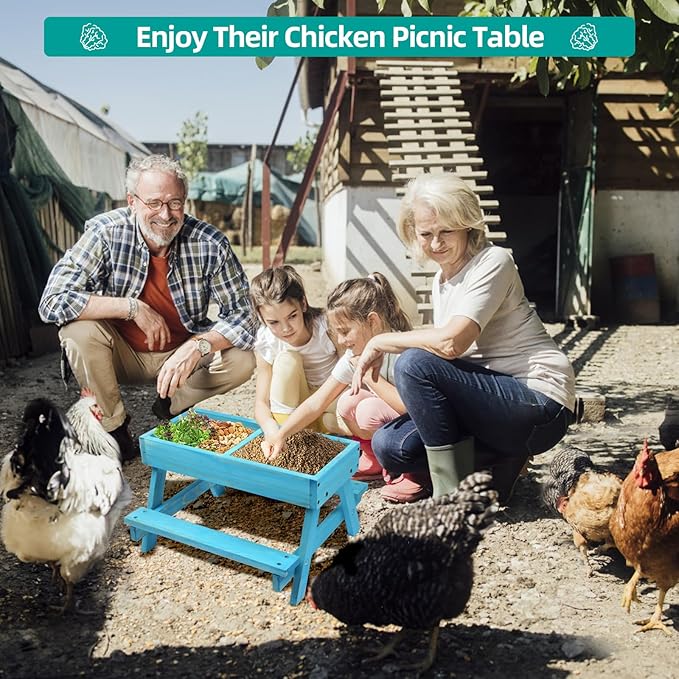 Chicken Picnic Table, Chicken Feeder No Waste Handmade Wooden, Large DIY Chicken Feeder Kit, Wild Bird, Duck & Squirrel Feeders, Mesh Bottom Keep Food Fresh and Dry Easy to Clean and Fill(Blue Paint)