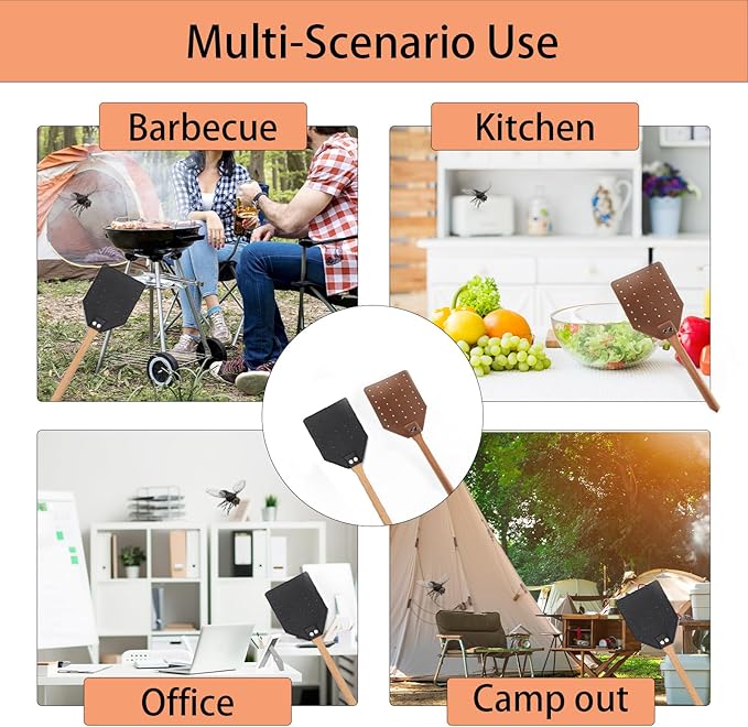 DEBETOOL 2 Pack Sturdy Leather Fly Swatter for Indoors - (19.7”)Long Handle Heavy Duty Wood Fly Swatter With Hanging Rope, Durable Fly Swatter for Outdoor Rustic Bug Swatter Flies,Mosquitoes And Bees