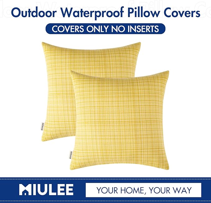 MIULEE Outdoor Waterproof Throw Pillow Covers Decorative Farmhouse Water Resistant Cushion Covers for Tent Patio Garden Couch Sofa Pack of 2, 18x18 Inch Yellow