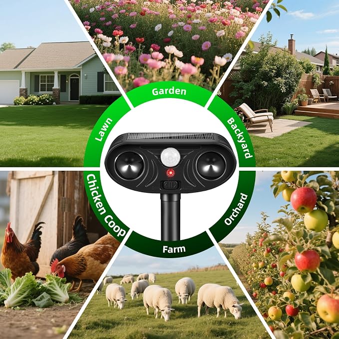 2026 Upgraded Solar Ultrasonic Animal Repellent, 2 Pack IP65 Waterproof Sonic Deer Deterrent, Motion Activated Outdoor Repeller to Keep Cats, Squirrels, Raccoons, Skunks & Dogs Away from Garden, Yard